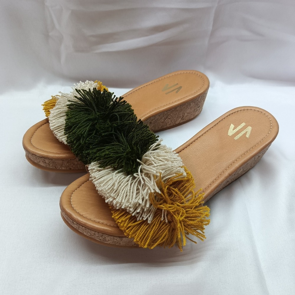 Silvia Cobos Mambo Platform Slide Sandals Womens 7 Cork Wedge Fringe Pom-pom HS